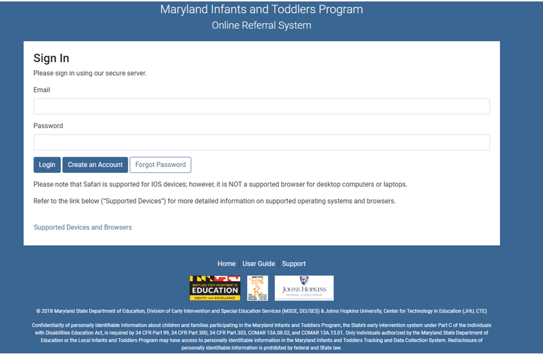 Maryland Infants and Toddlers Program Online Referral Login